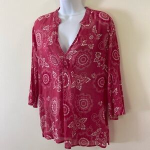 Women’s Eddie Bauer Gauzy Pink and White V-Neck Top Size M